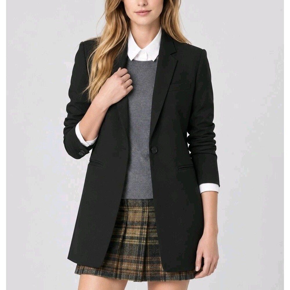 Theory Marcela Longline Blazer Womens XS Black Virgin Wool Single Button Preppy